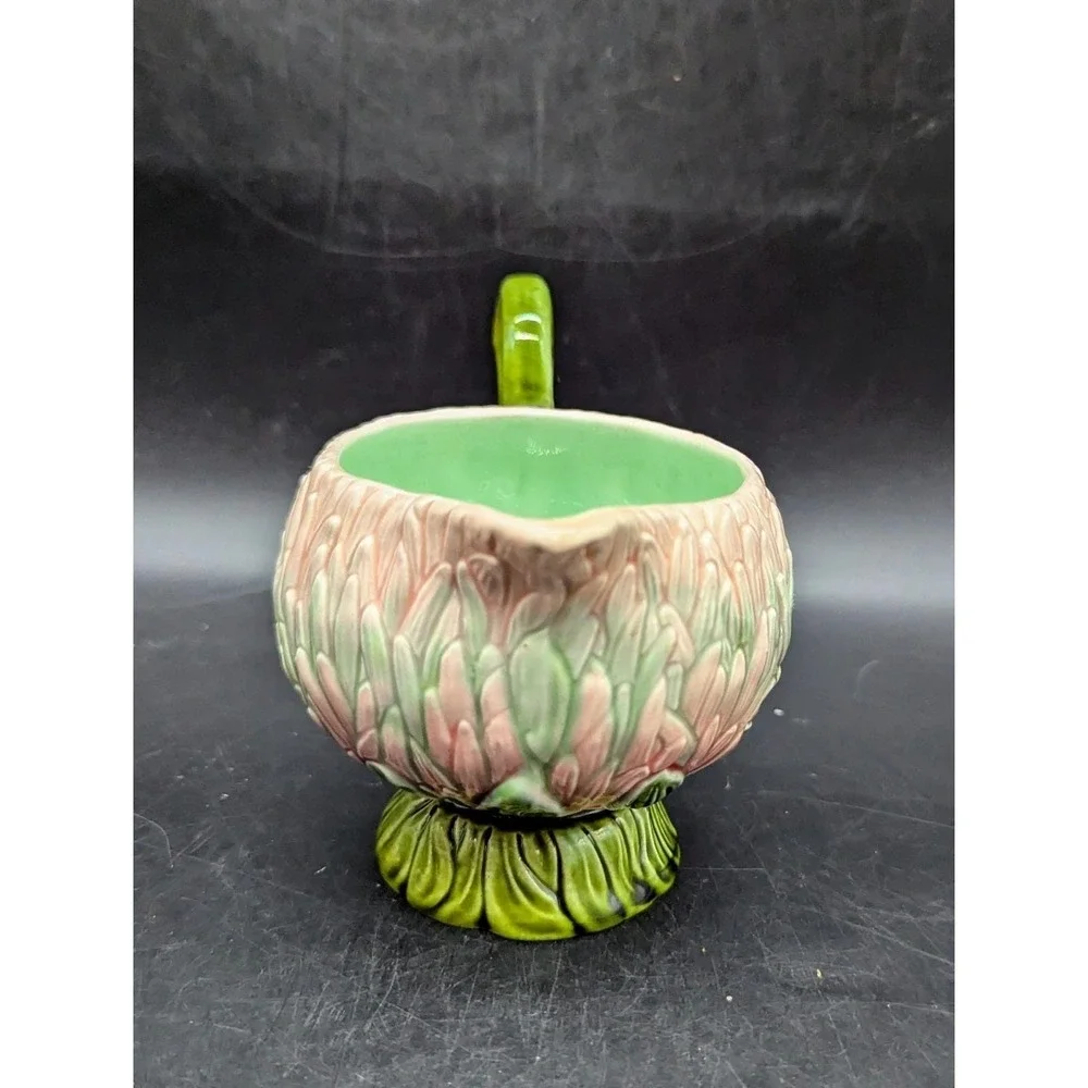 Vintage Majolica Water Lilly Floral Sauce Boat Creamer W Handle 3